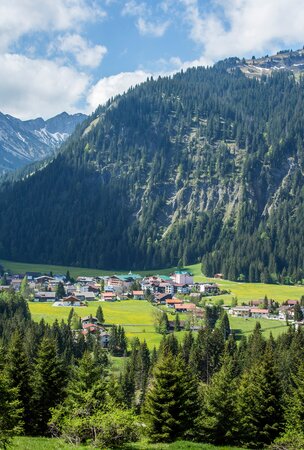 Hotel Tyrol am Haldensee vor Bergkulisse im Sommer