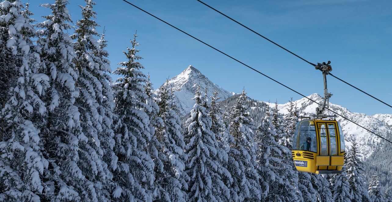 Schneebdeckte Tannen, gelbe Seilbahnkabine, Berg im Hintergrund