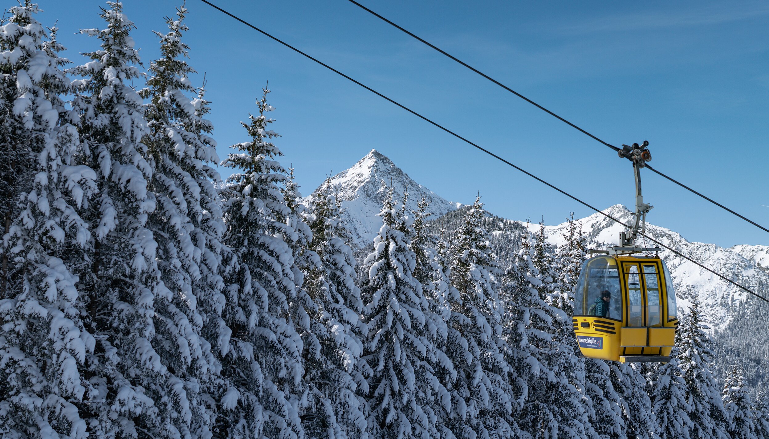 Schneebdeckte Tannen, gelbe Seilbahnkabine, Berg im Hintergrund